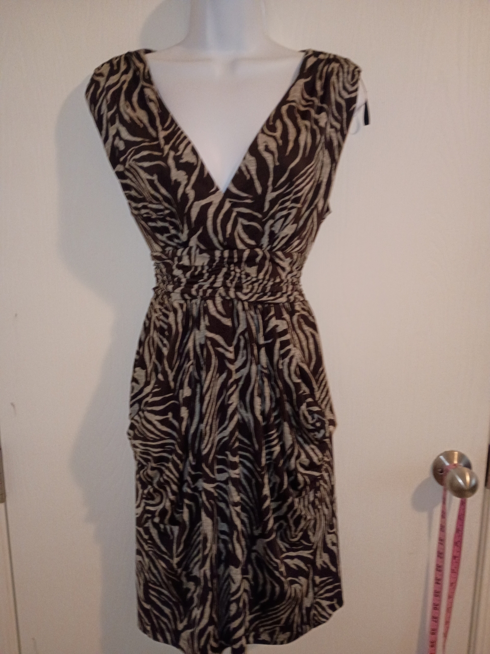 Iz Byer Black and Cream Zebra-Pattern Midi Dress